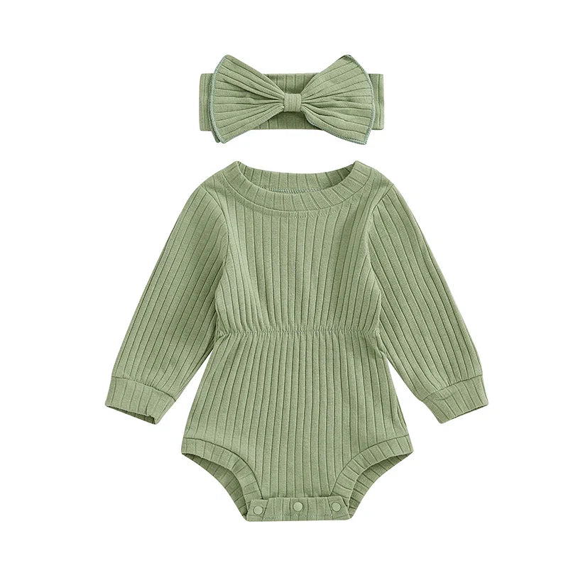 Baby Girls Spring Fall Solid Color Round Neck Long Sleeve Ribbed Romper Bow Headband Set Green United States