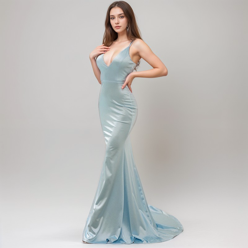Sexy Deep V neck tie back mermaid silky satin prom dress Light Blue