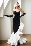 Stunning Strapless Sequin Mermaid Dress with Ruffled Organza Black+white