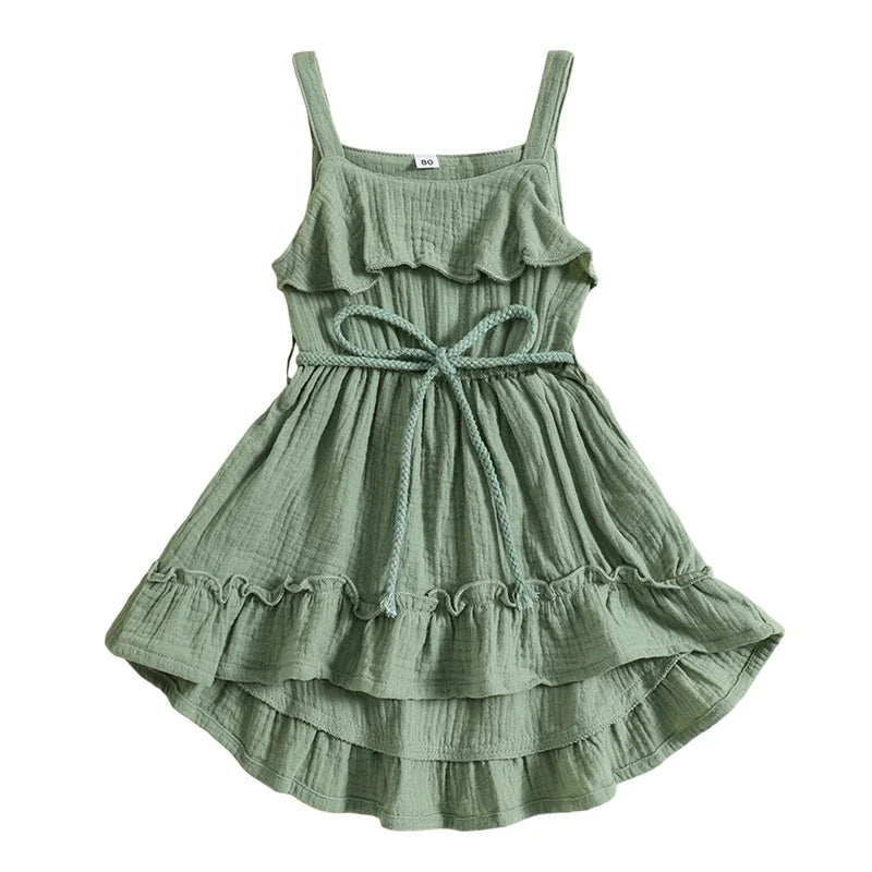 Baby Toddler Girls Summer Dress Casual Sleeveless Tank Square Neck Tie Belt A-Line Dress green United States