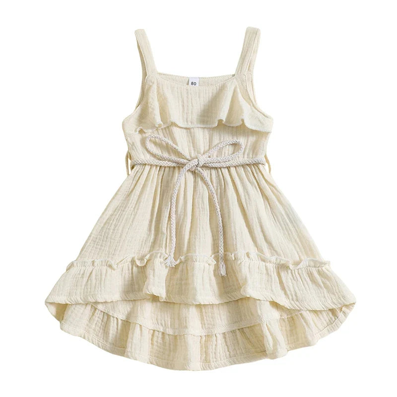 Baby Toddler Girls Summer Dress Casual Sleeveless Tank Square Neck Tie Belt A-Line Dress Cream United States