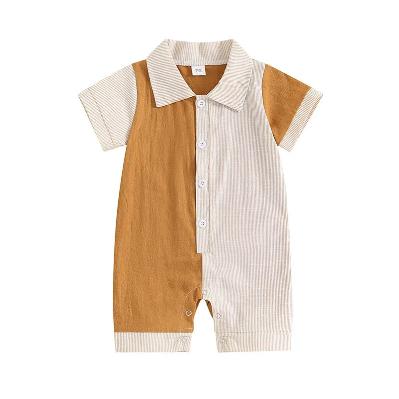 Baby Boy Jumpsuit Summer Short Sleeve Lapel Collar Stripes Contrast Color Print Romper Playsuit Beige + Brown United States