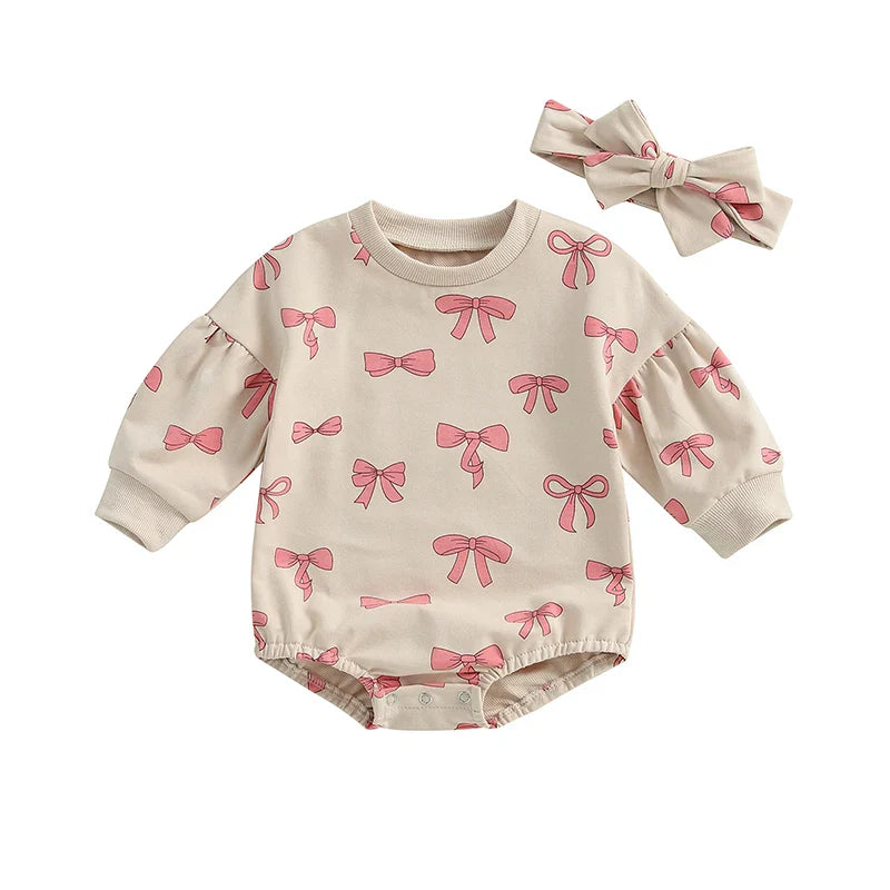 Baby Girl 2Pcs Fall Outfit Bow Print Crew Neck Long Sleeve Bubble Romper Tie-up Headband Set Beige United States
