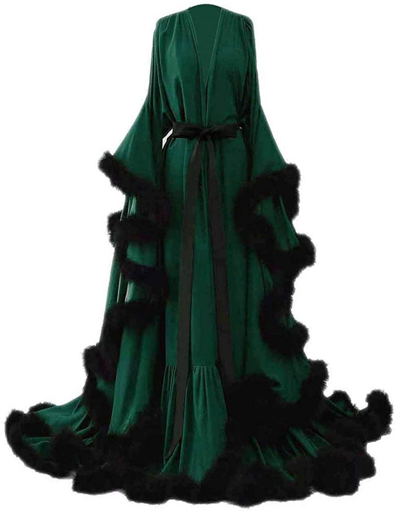 Luxury Satin Feather Bridal Robe | Victorian Style Wedding & Photoshoot Robe Green Black