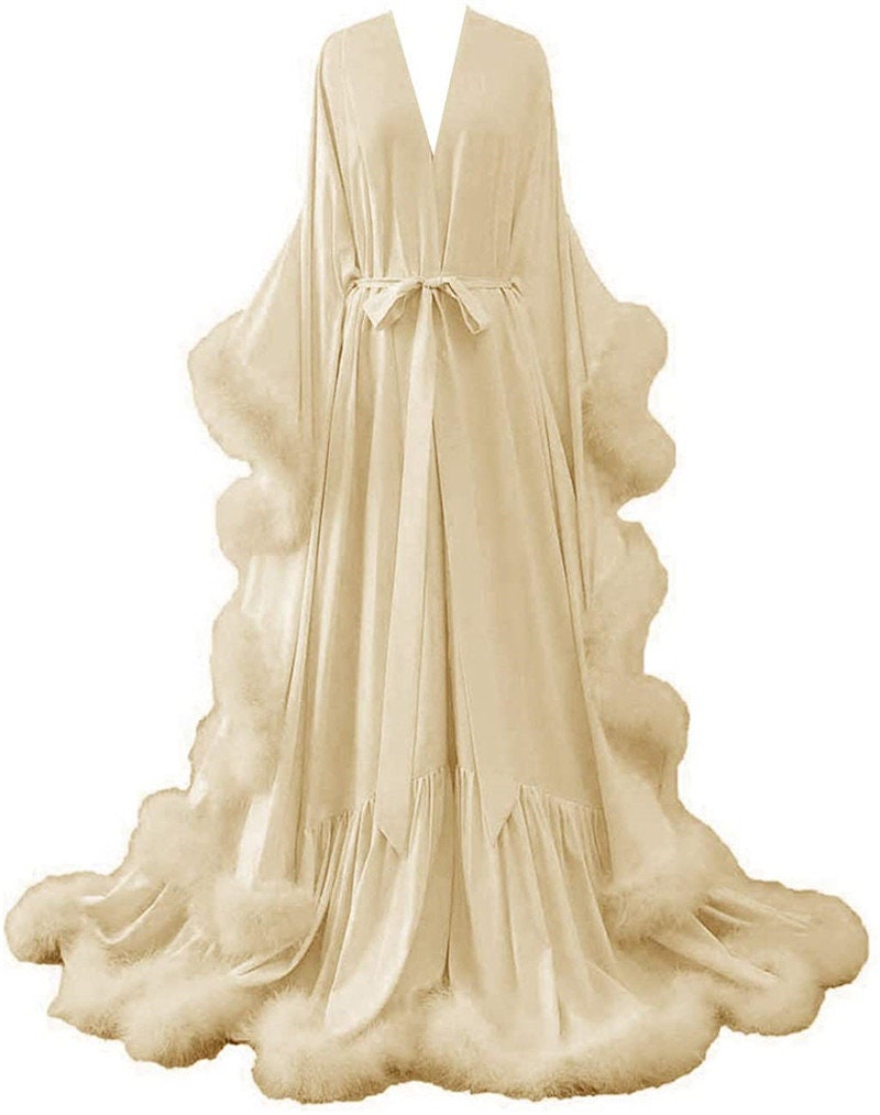 Luxury Satin Feather Bridal Robe | Victorian Style Wedding & Photoshoot Robe Light Champagne