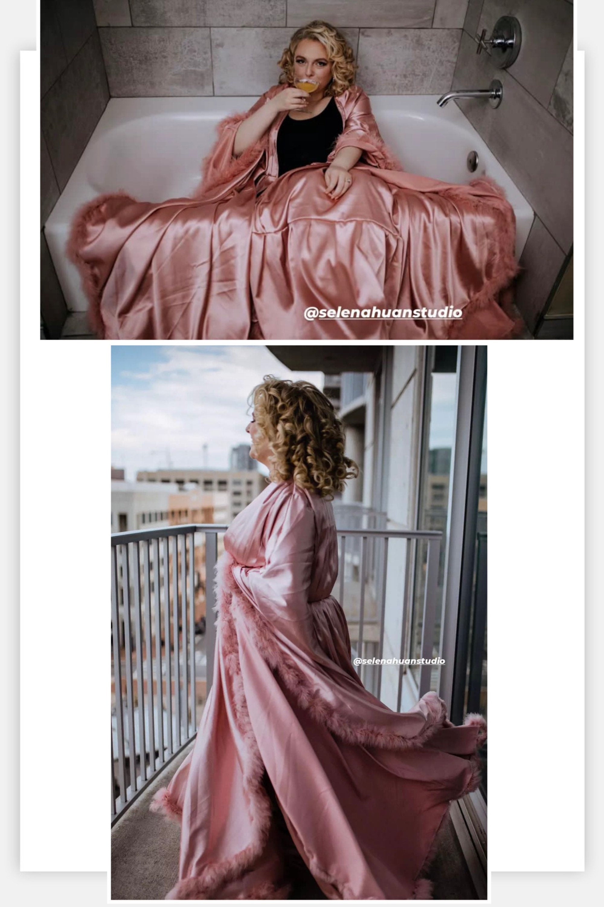Luxury Satin Feather Bridal Robe | Victorian Style Wedding & Photoshoot Robe Dusty Pink