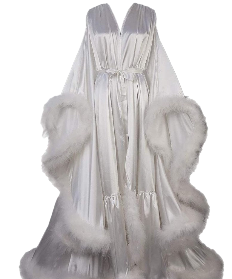Luxury Satin Feather Bridal Robe | Victorian Style Wedding & Photoshoot Robe Ivory
