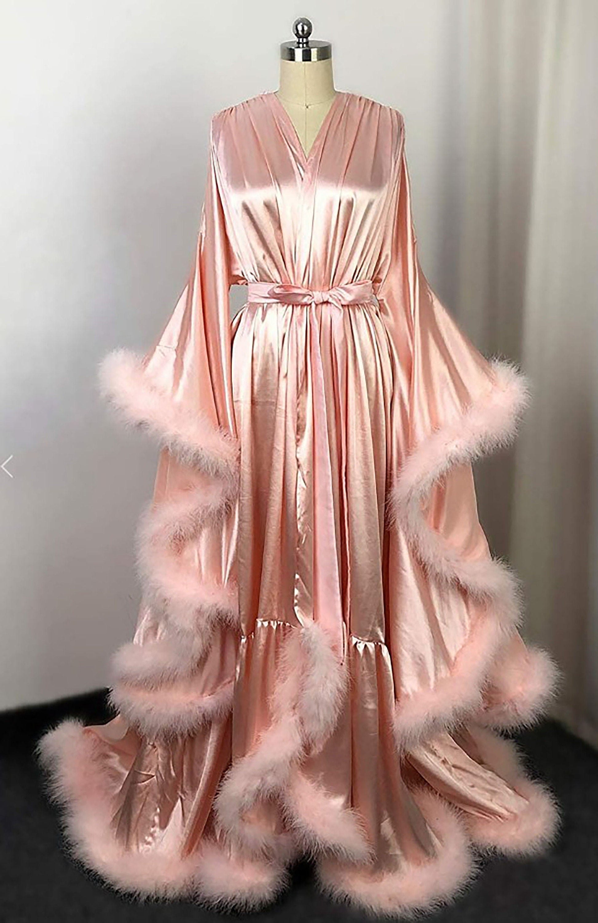Luxury Satin Feather Bridal Robe | Victorian Style Wedding & Photoshoot Robe Light Pink