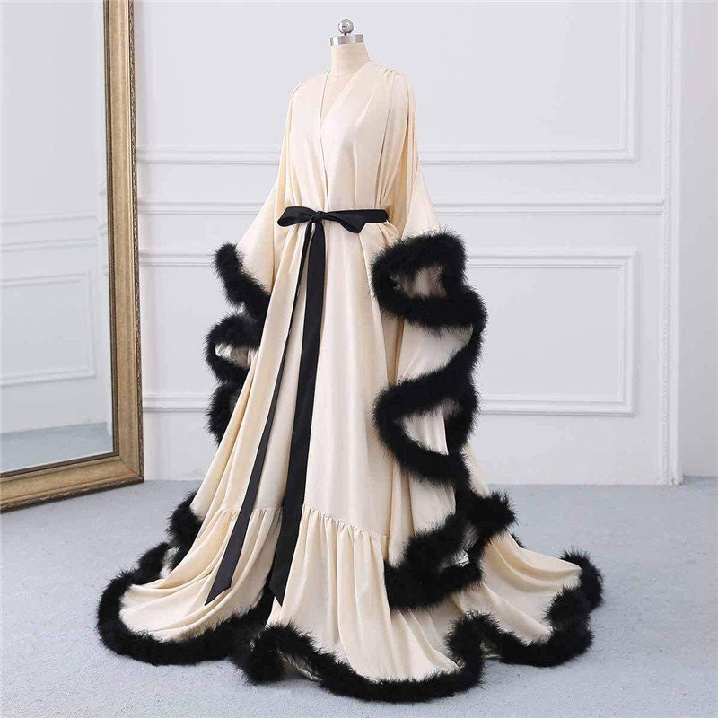 Luxury Satin Feather Bridal Robe | Victorian Style Wedding & Photoshoot Robe Cream Black