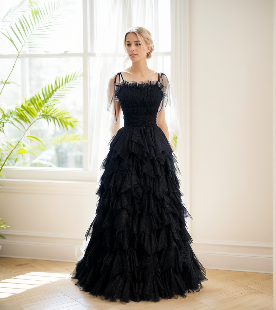 Spaghetti-straps Pleated bodice Ruffle Layered tutu soft tulle prom dress Black