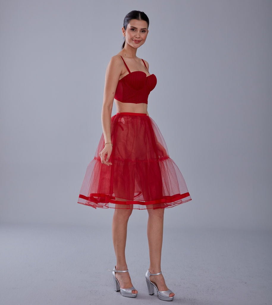 Red Voile Short Petticoat Skirt with Elastic Band - Perfect for Parties