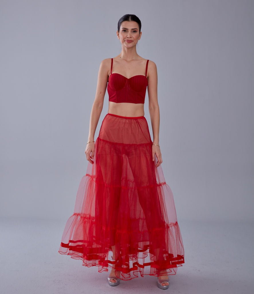 Red Voile Petticoat Skirt with Elastic Band - Perfect for Parties