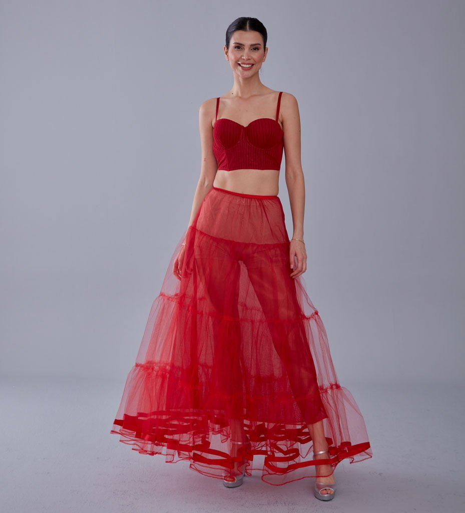 Red Voile Petticoat Skirt with Elastic Band - Perfect for Parties