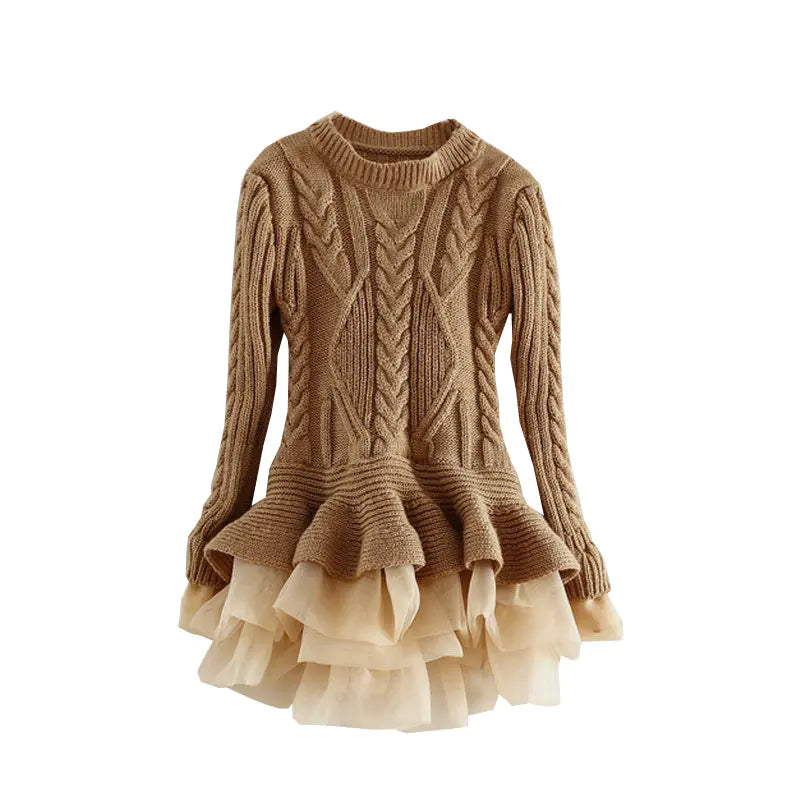 Girls' Sweater Dress Long Sleeve Brown 140cm