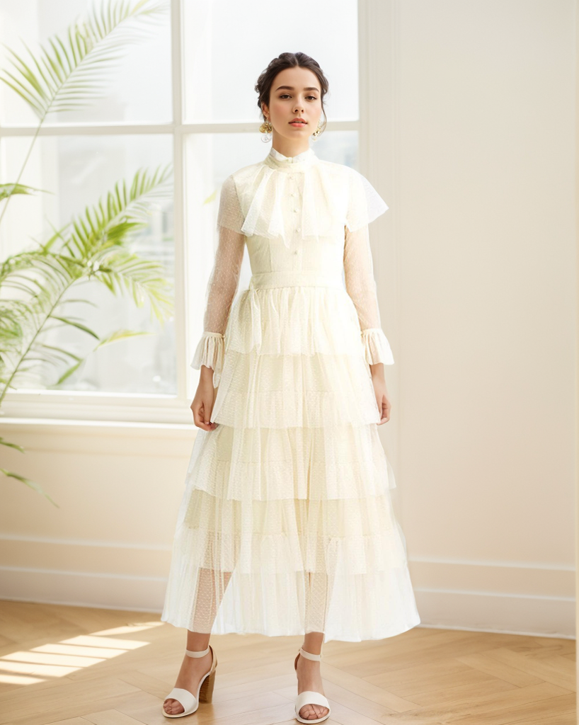Vintage high neck Layered Ruffle tutu Skirt tulle prom dress with sleeves Lemon