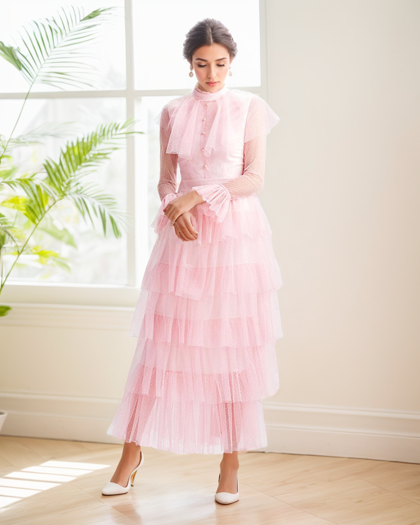 Vintage high neck Layered Ruffle tutu Skirt tulle prom dress with sleeves Baby Pink