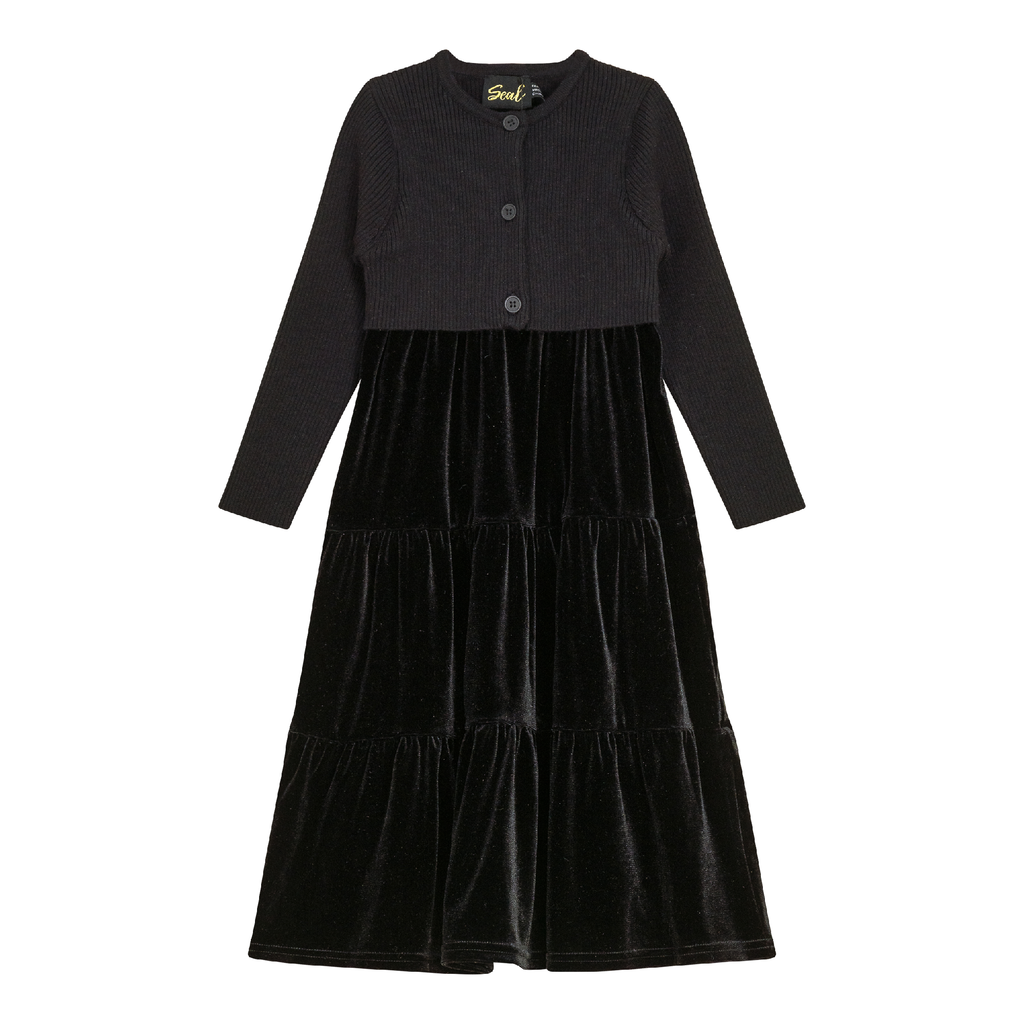 Velour Tired Jumper with Knit Cardigan Black