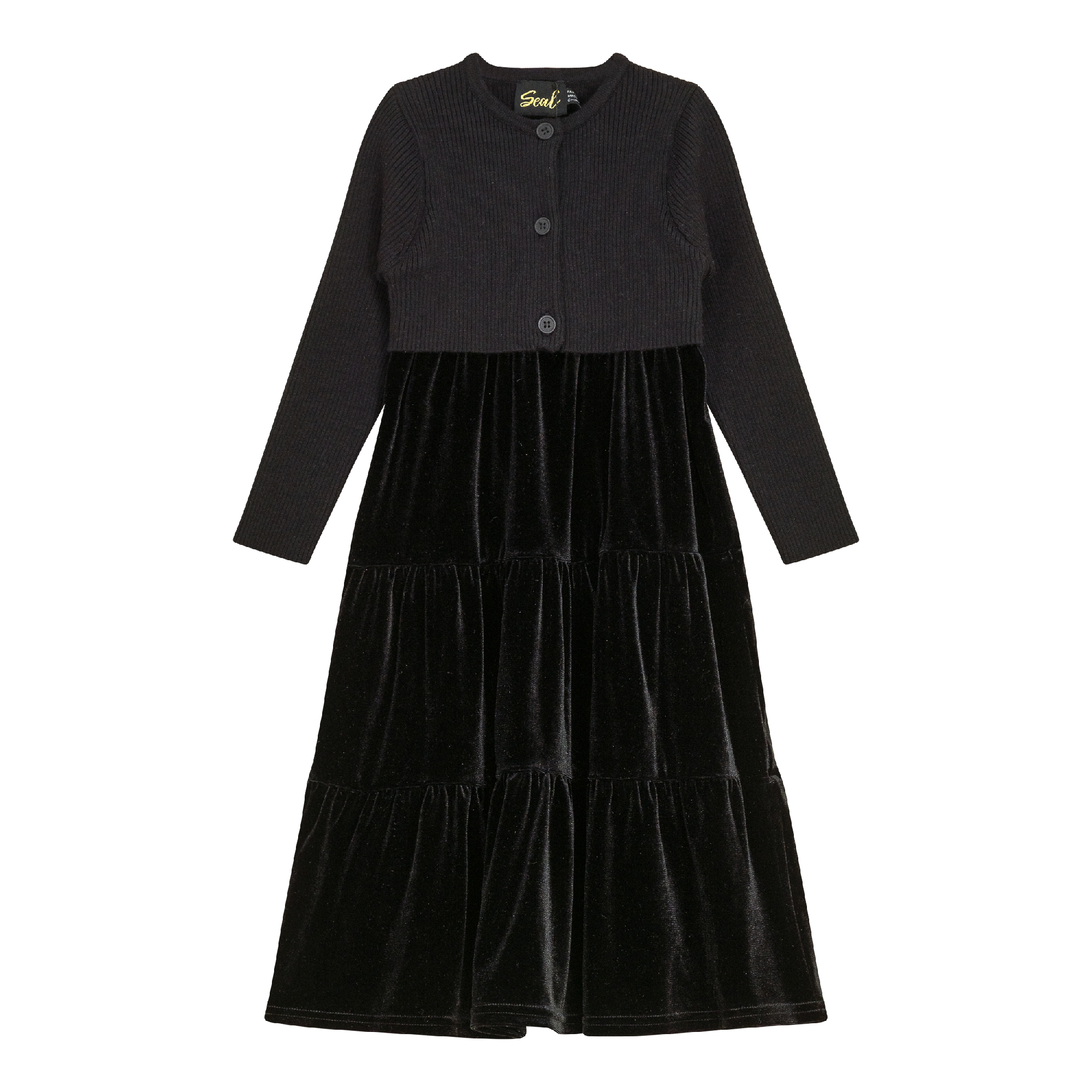 Velour Tired Jumper with Knit Cardigan Black