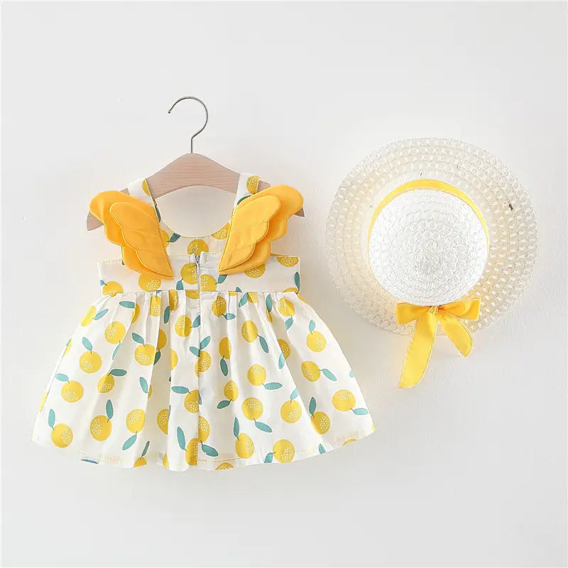Summer Big Dot Wings Princess Dress with Hat Apple Yellow 90