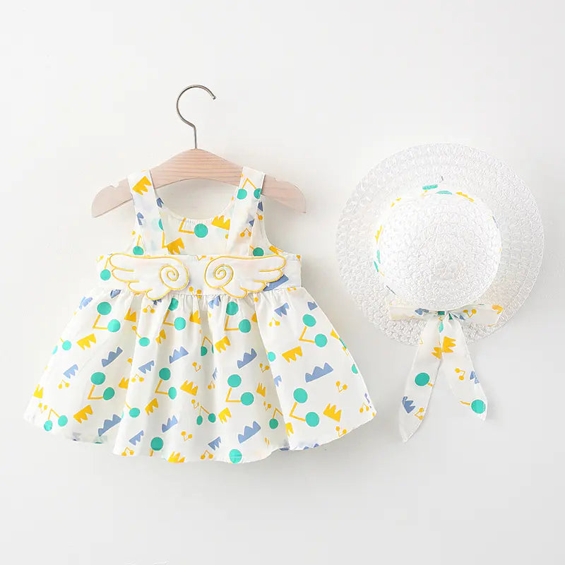 Summer Big Dot Wings Princess Dress with Hat White Wings Note Yellow 90