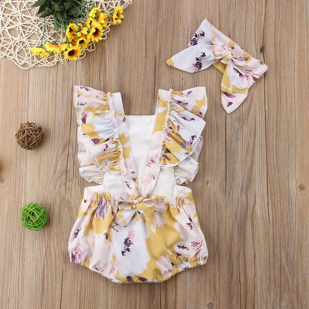 Girls' Floral Outfit with Back Tie and Headband Set yellow 100cm