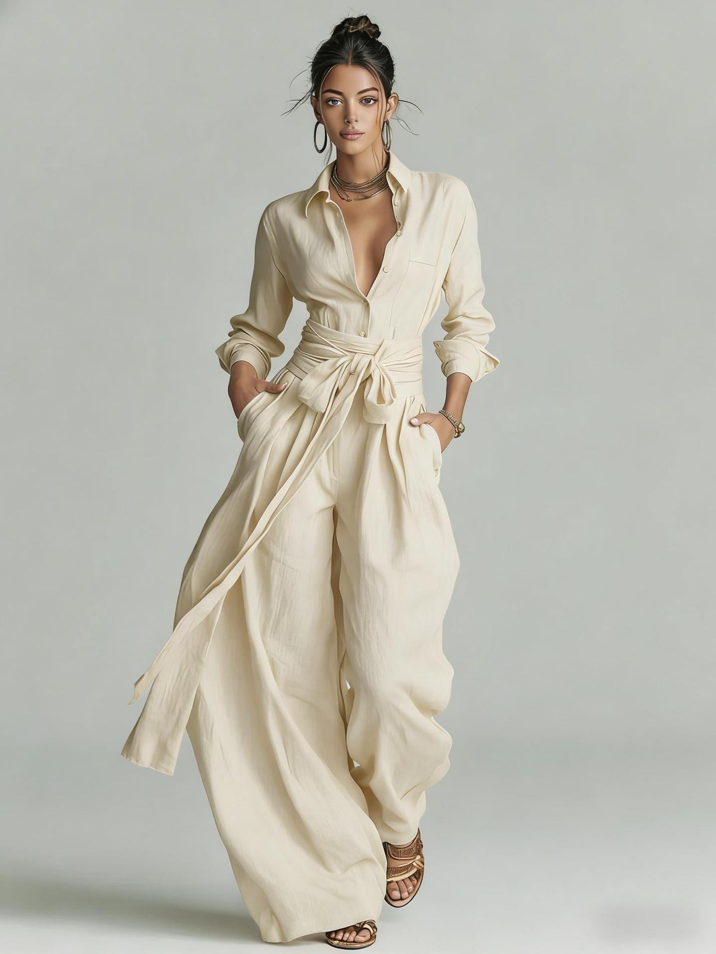 Solid Color Fashion Casual Pants Set for Women Apricot