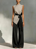 Women's Lace-Up Sleeveless Top & Wide-Leg Pants Set Gray