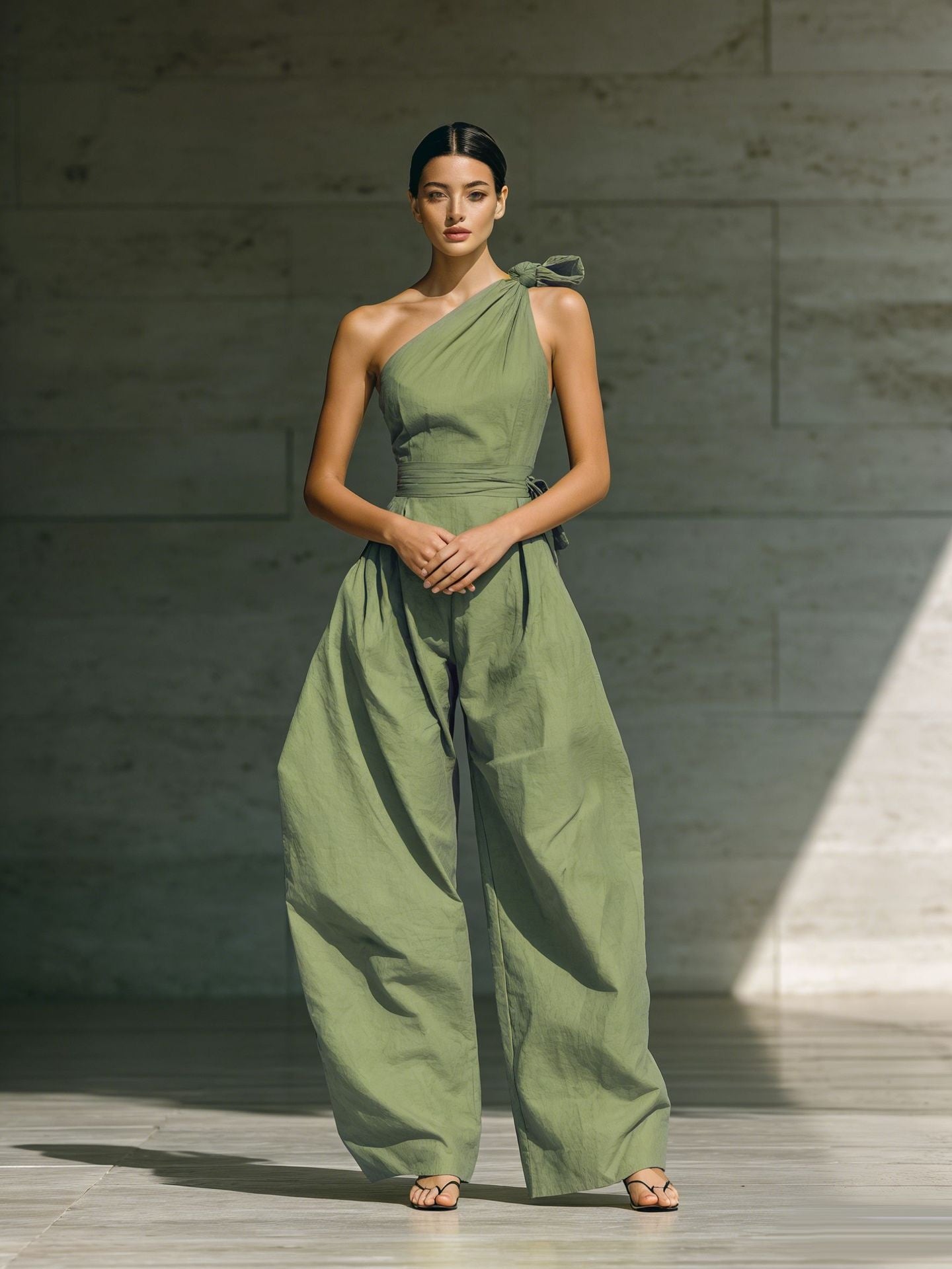 Women's Loose Sleeveless Off-Shoulder Belted Wide-Leg Jumpsuit Green