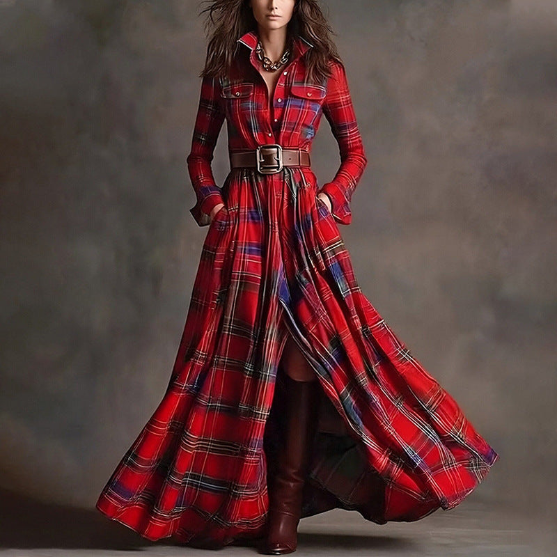 Women's Printed Lapel Slim-Fit Dress – Elegant Commuter Style Christmas Red