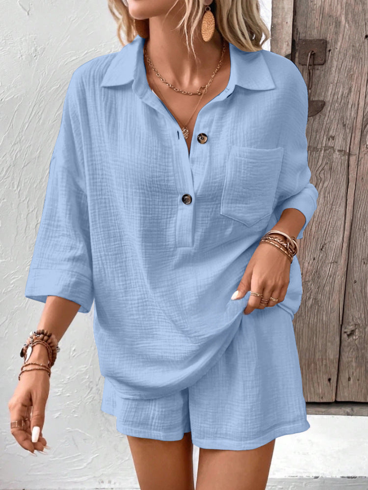 Women's Lapel Collar Double-Panel Shirt & Shorts Two-Piece Set Light Blue