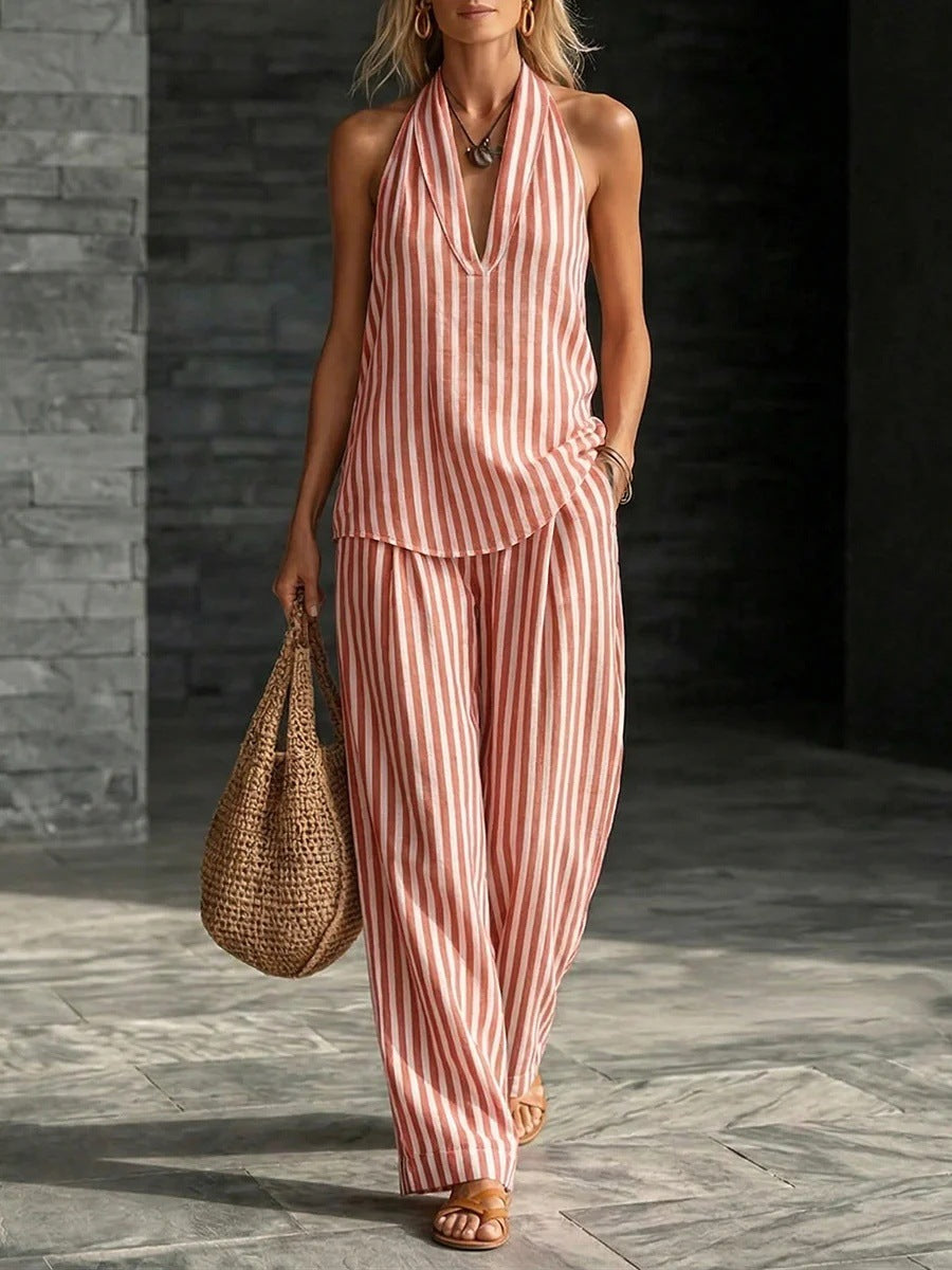 Women's Striped Sleeveless Top & Wide-Leg Pants Set – Fashionable 2-Piece Red