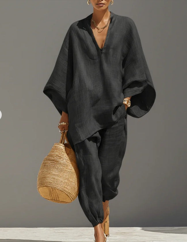 Women’s Casual Solid Color Two Piece Shirt Set Black