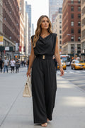 Women's Off-Shoulder Sleeveless Wide-Leg Jumpsuit – High Waist with Belt Black