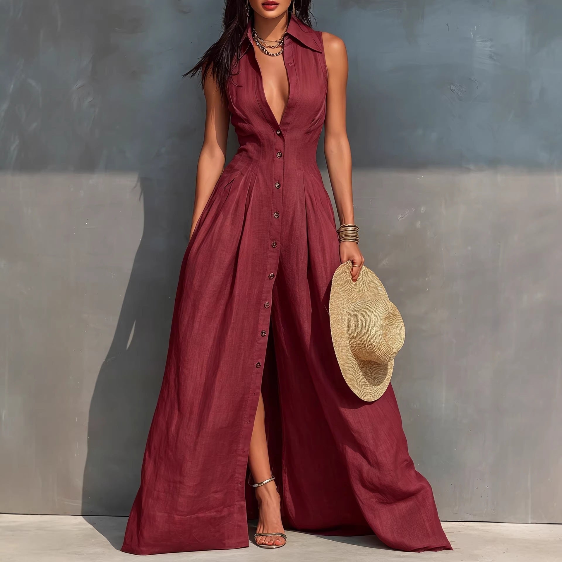 Women's High-Waist Lapel Shirt Maxi Dress – Elegant & Versatile Red