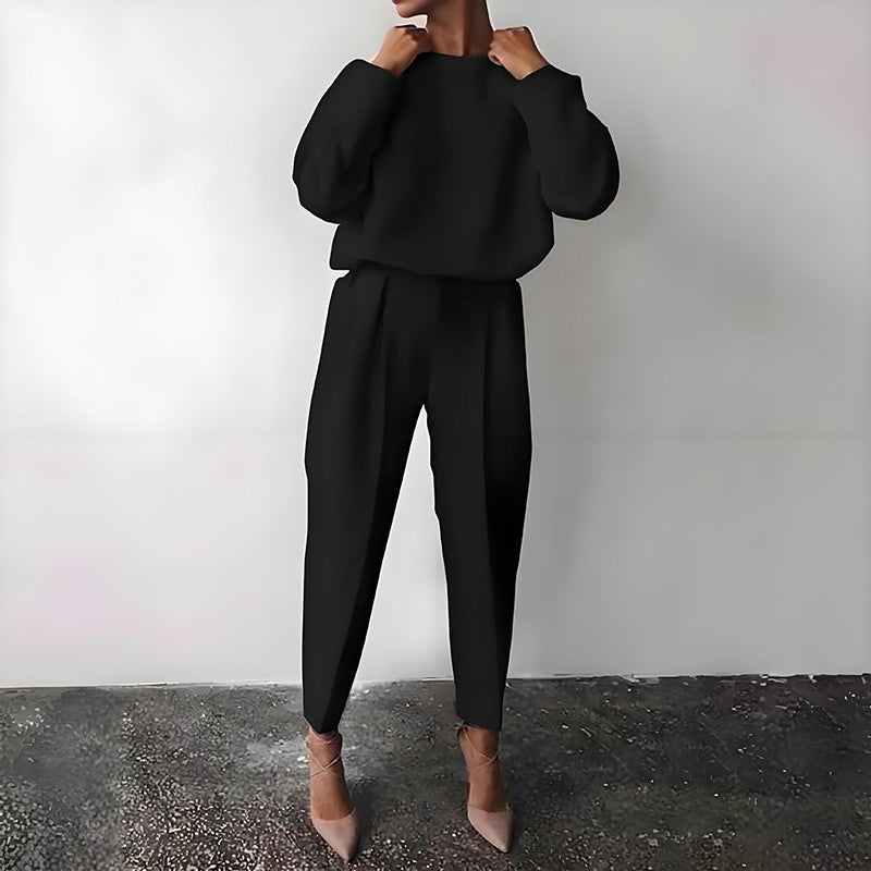 Women’s Solid Color 2-Piece Set – Long Sleeve Top & Pleated Pants Loungewear Black
