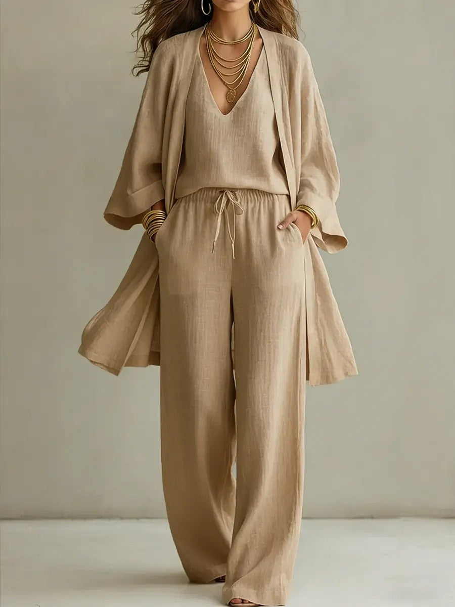 Women's V-Neck Cardigan Coat, Pocket Vest & Long Pants Three-Piece Set Khaki