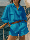 Cotton-Linen Loose-Fit Button-Down Shirt and Shorts Casual Set Lake Blue