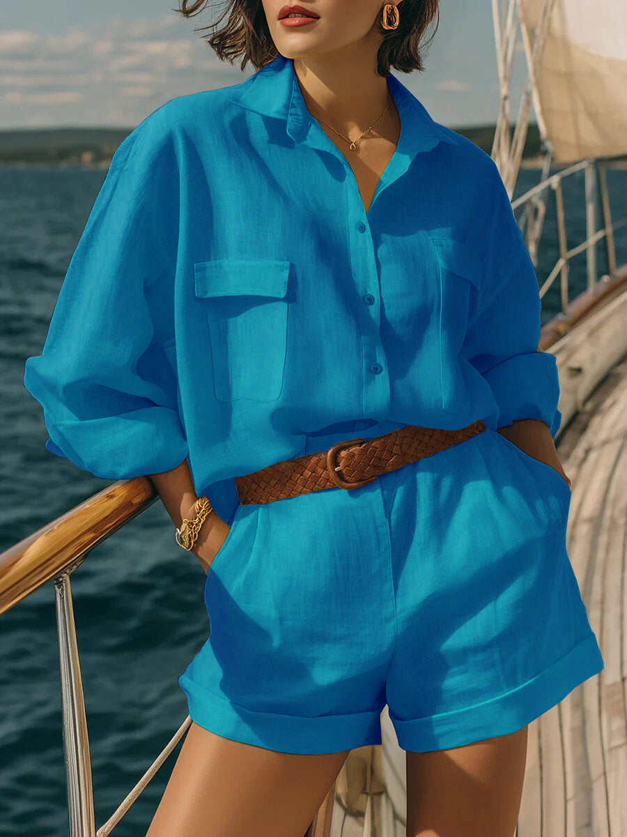 Cotton-Linen Loose-Fit Button-Down Shirt and Shorts Casual Set Lake Blue