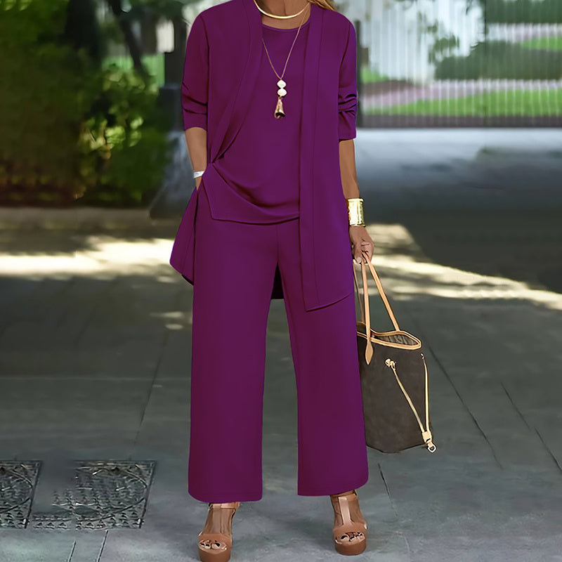 Women's Plus Size 3-Piece Lounge Set – Cardigan, Vest & Wide-Leg Pants Purple red