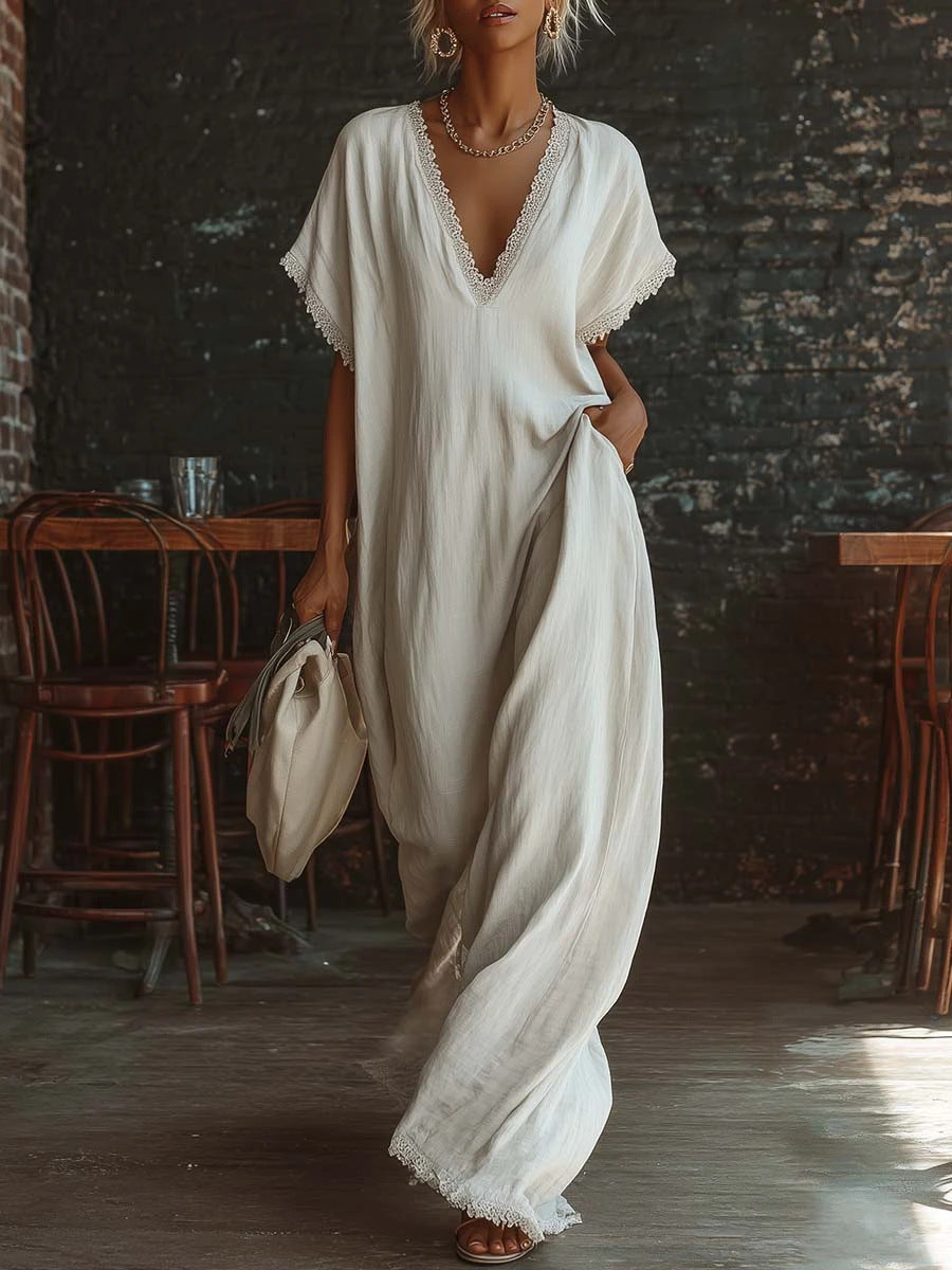 Lace-Trimmed Loose Linen Cotton Long Dress for Women White