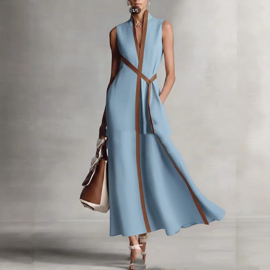 Women's Patchwork Cardigan & Wide Leg Pants Set | Colorblock Linen Blue