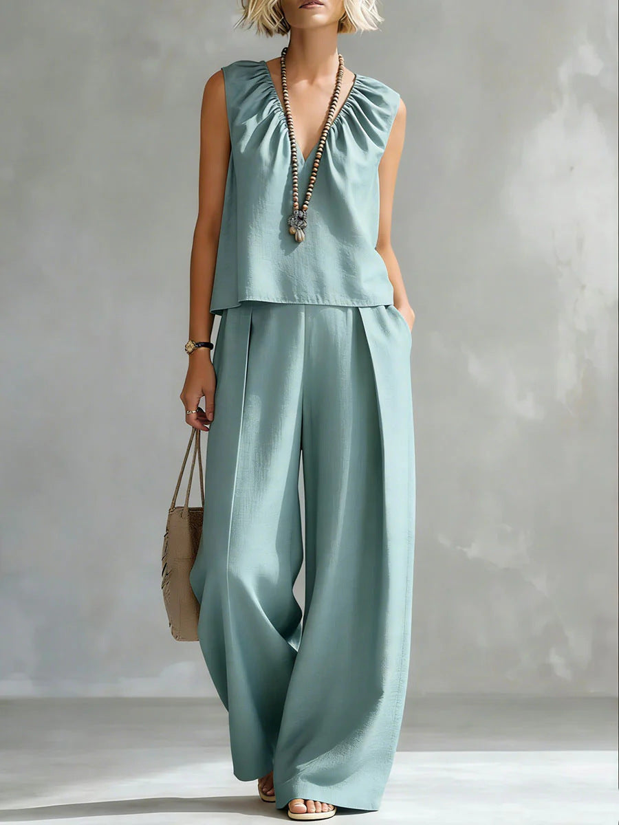 Women's Sleeveless Cotton-Linen Shirt & Pants Set – Urban 2-Piece Peacock Blue