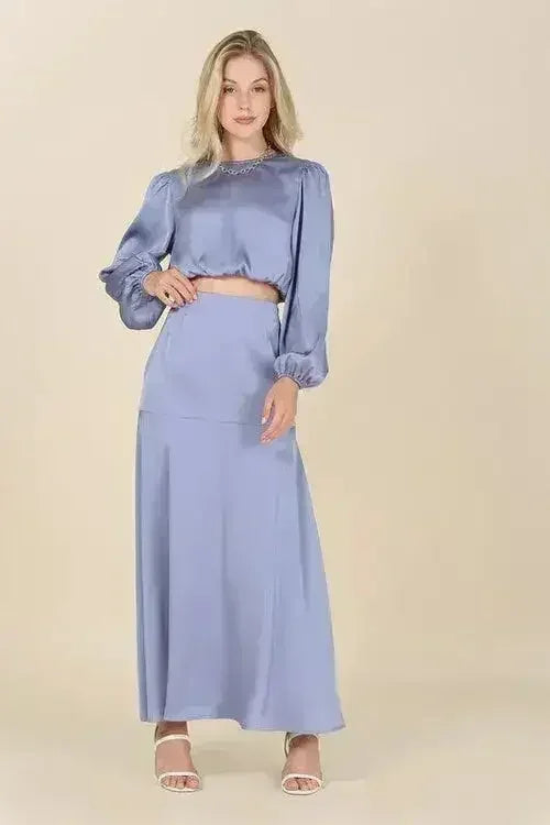 Dressed up satin two-piece mermaid dress set Blue