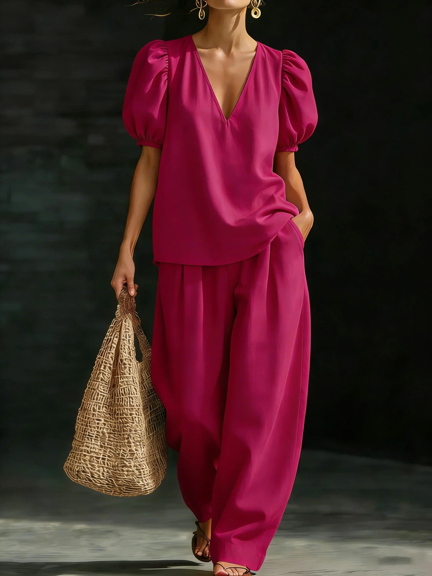 Women’s V-Neck Casual Two Piece Set Rose Red