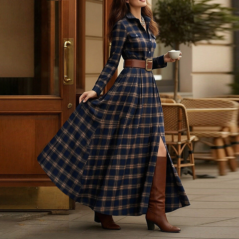 Women's Printed Lapel Slim-Fit Dress – Elegant Commuter Style Dark Blue
