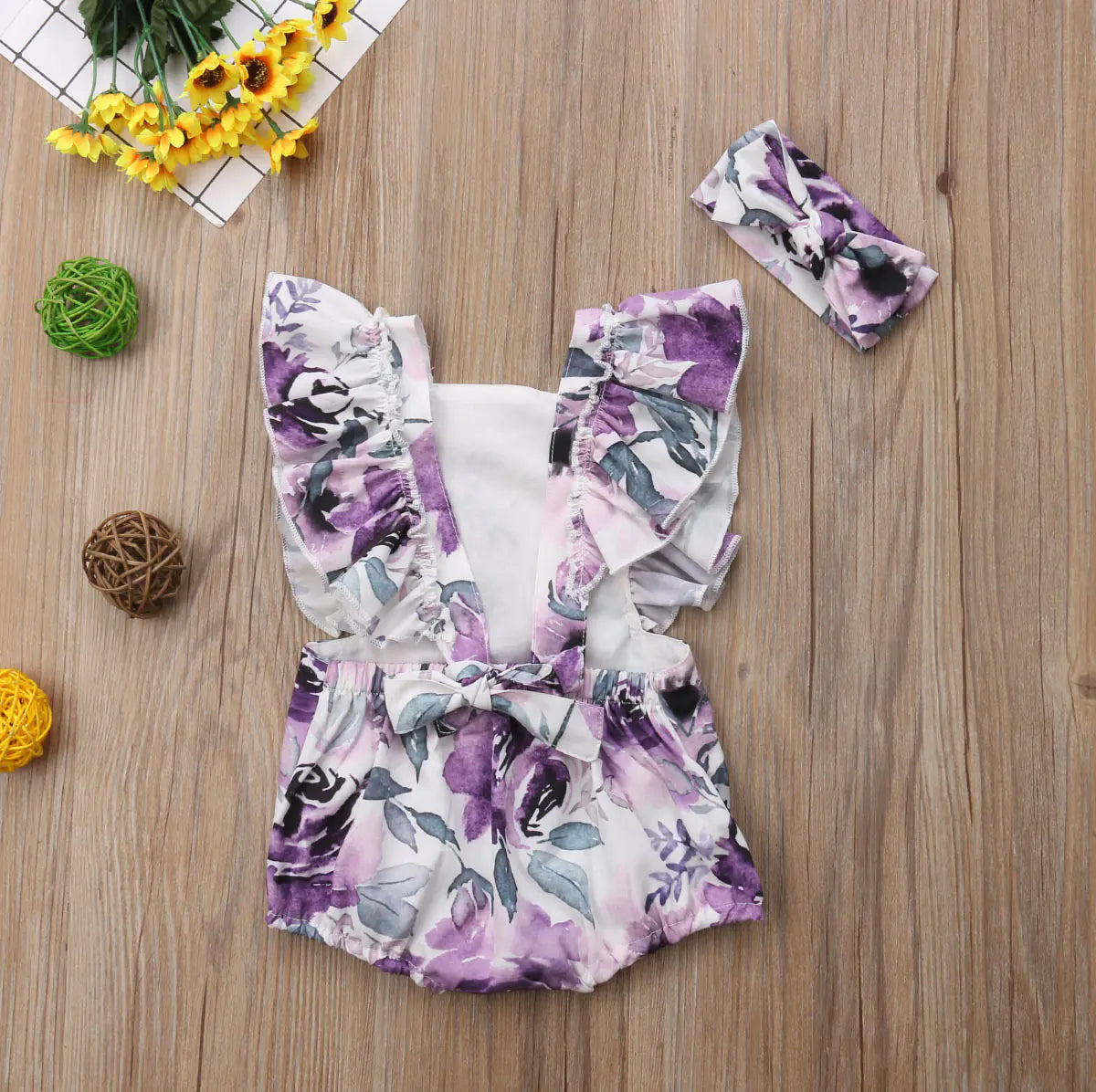 Girls' Floral Outfit with Back Tie and Headband Set Puple 80cm