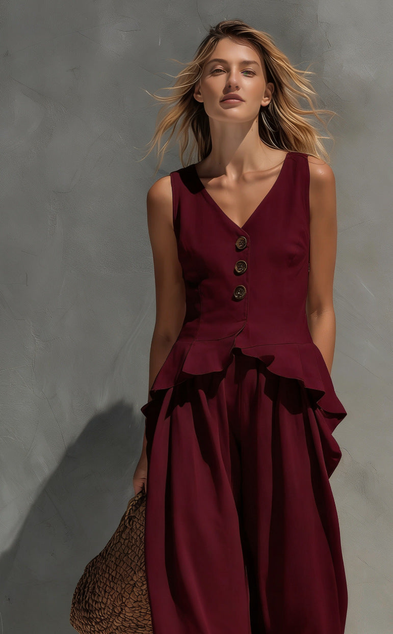Women's Sleeveless Top & Wide-Leg Pants Two-Piece Set Wine Red