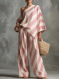 Women's Retro Striped Batwing Top & Wide-Leg Pants Set – Vintage 2-Piece Pink