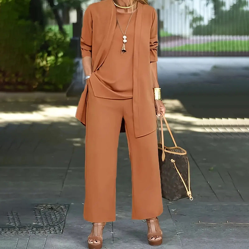 Women's Plus Size 3-Piece Lounge Set – Cardigan, Vest & Wide-Leg Pants Caramel