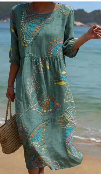 Women's 3D Floral Print Long-Sleeve A-Line Dress – Crew Neck Loose Fit BJ25602
